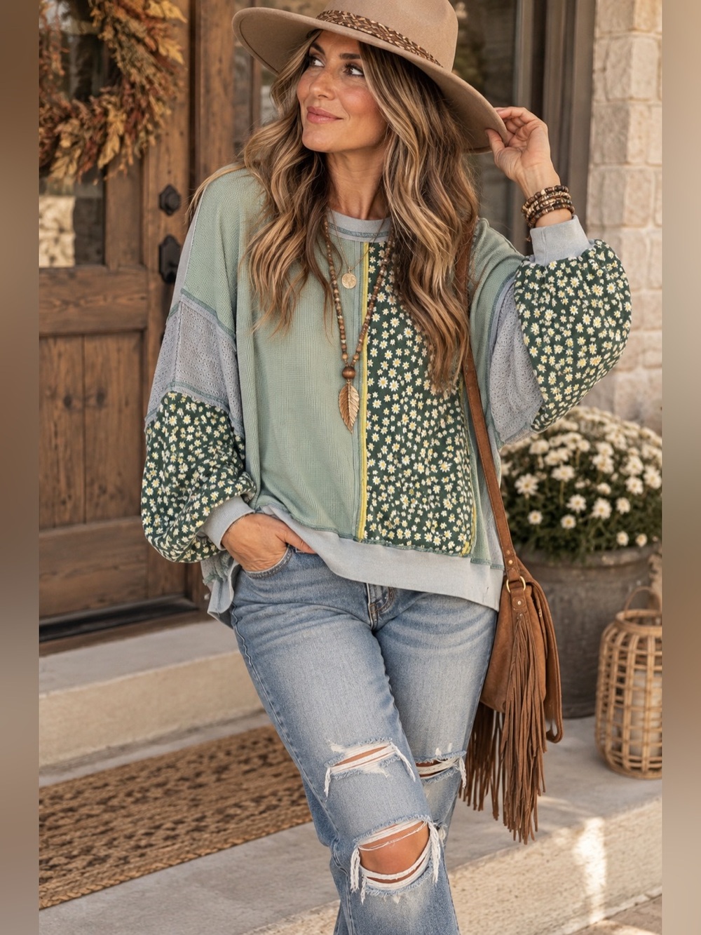 POL Floral Patchwork Mixed Media Top Sage Green Boho Oversized M